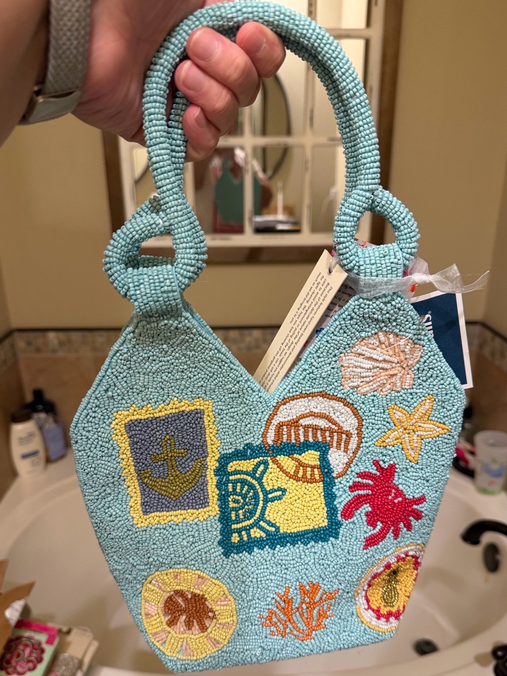 Light Aqua Beaded Mini Tote with Sea Motif